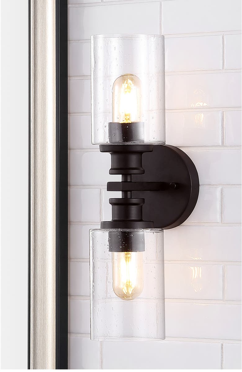 JONATHAN Y Jules Cylinder 2-Light Iron/Seeded Glass Farmhouse Contemporary LED Wall Sconce, Alternate, color, Oil Rubbed Bronze