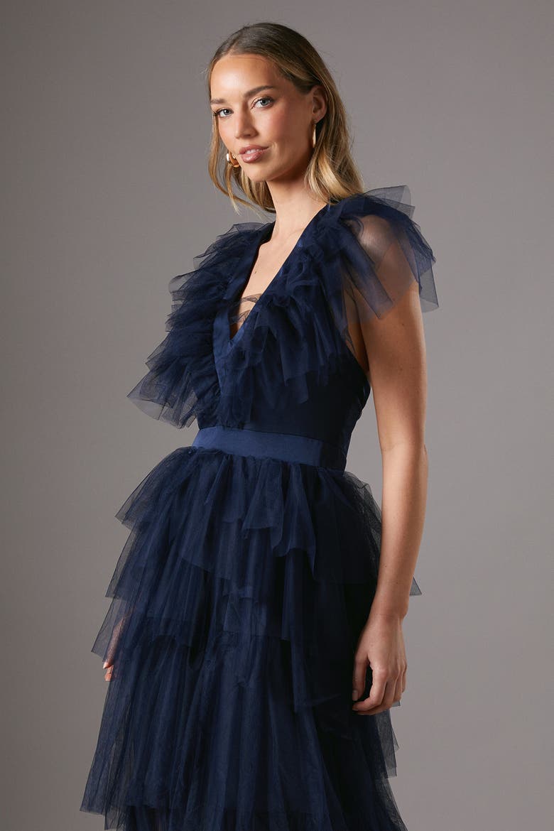 Mesh V-Neck Halter Tiered Maxi Dress, Alternate, color, Navy