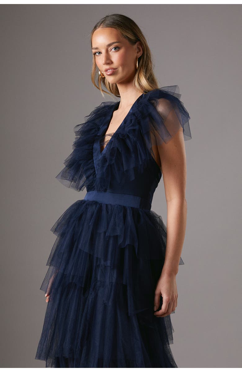 Coast Mesh V-Neck Halter Tiered Maxi Dress, Alternate, color, Navy