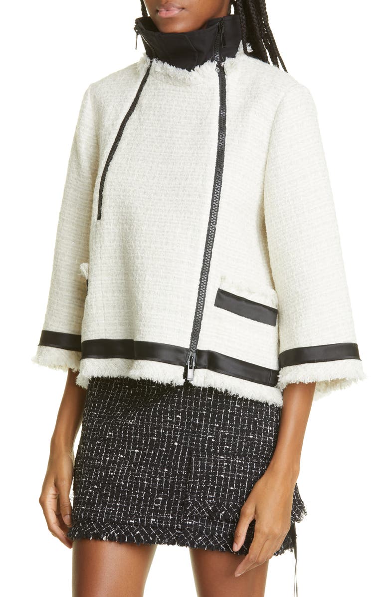 Sacai Asymmetric Zip Crop Tweed Jacket, Alternate, color,