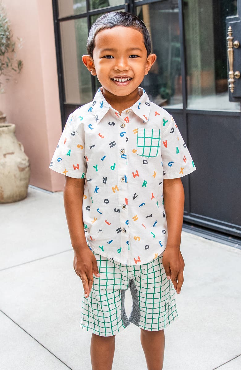 Miki Miette Kids' Alphabet Print Short Sleeve Button-Up Shirt, Alternate, color, Alphabet Soup