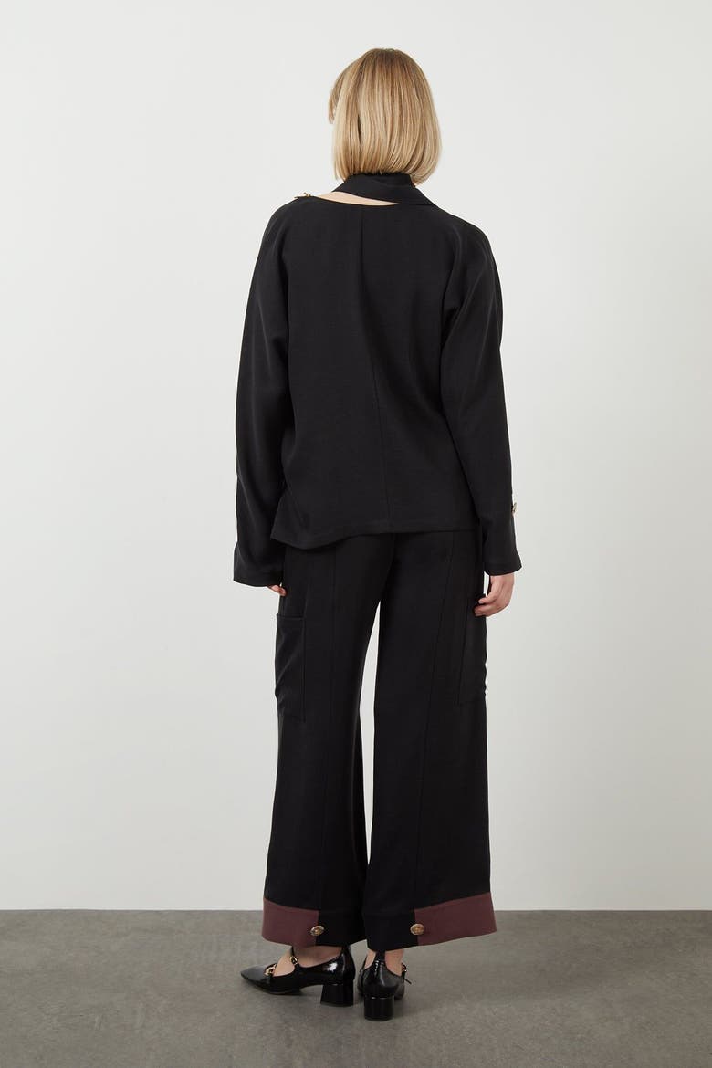 Tie-Neck Embroidered Long Sleeve Black Blouse, Alternate, color, Black