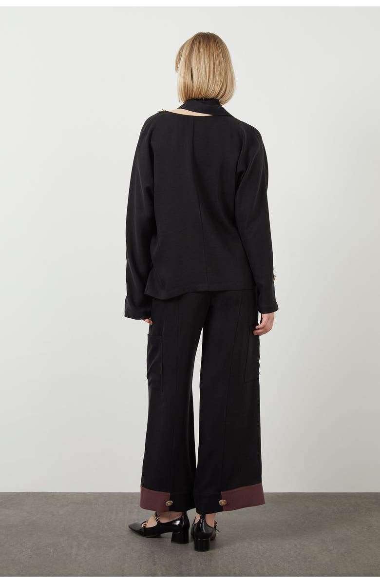 Gizia Embroidered Tie Neck Detail Unlined Long-Sleeve Black Blouse, Alternate, color, Black