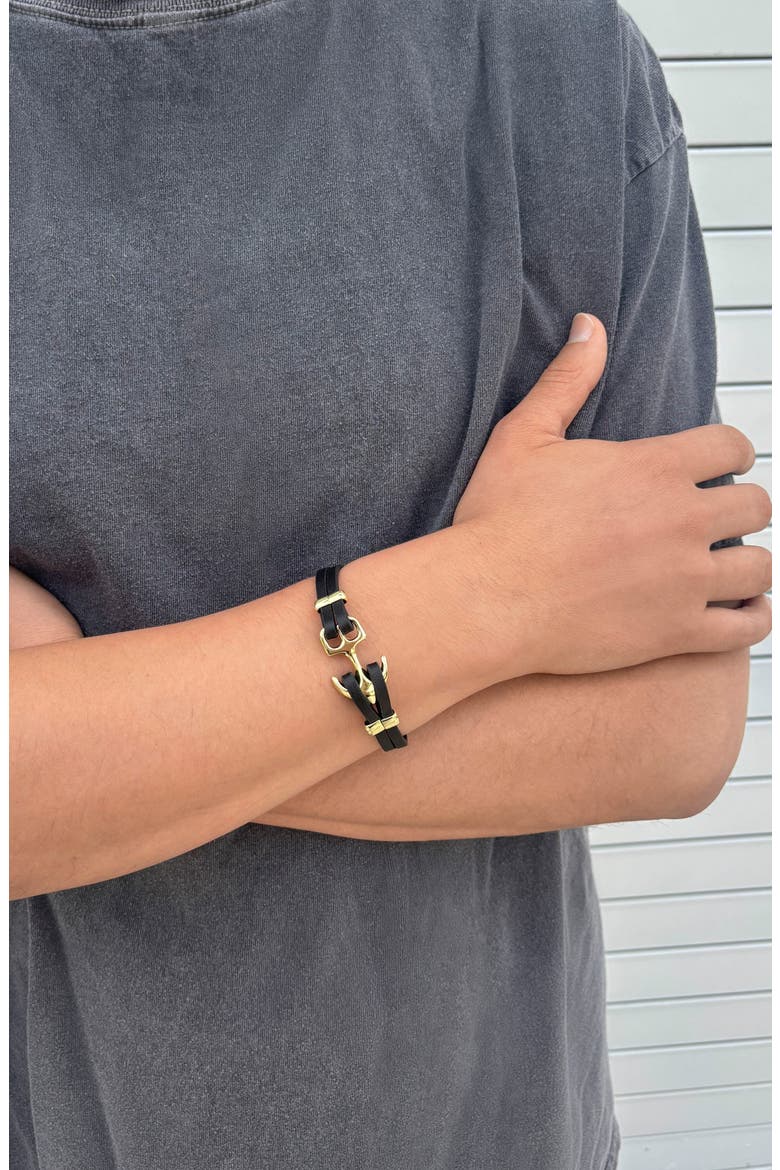 Men's Anchor Double Wrap Leather Bracelet, Alternate, color, BLACK/ GOLD