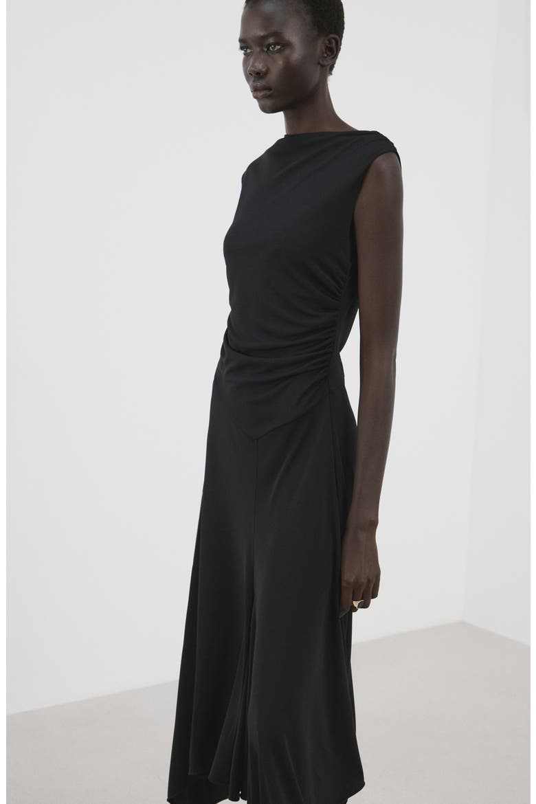 Sandy Asymmetric Hem Ruched Maxi Dress, Alternate, color, BLACK