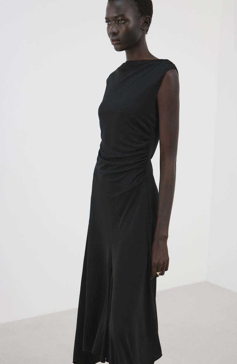 MANGO Sandy Asymmetric Hem Ruched Maxi Dress, Alternate, color, Black