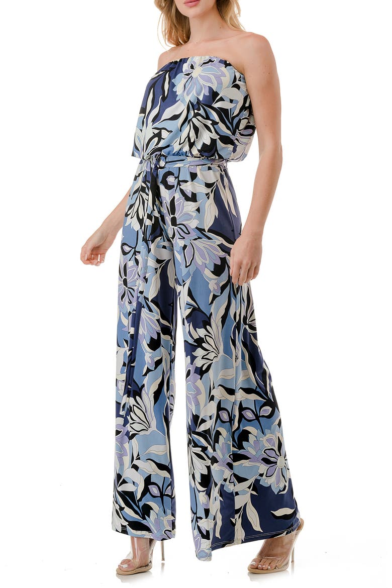 Chevron Print Strapless Wide Leg Jumpsuit, Alternate, color, BLUE MULTI