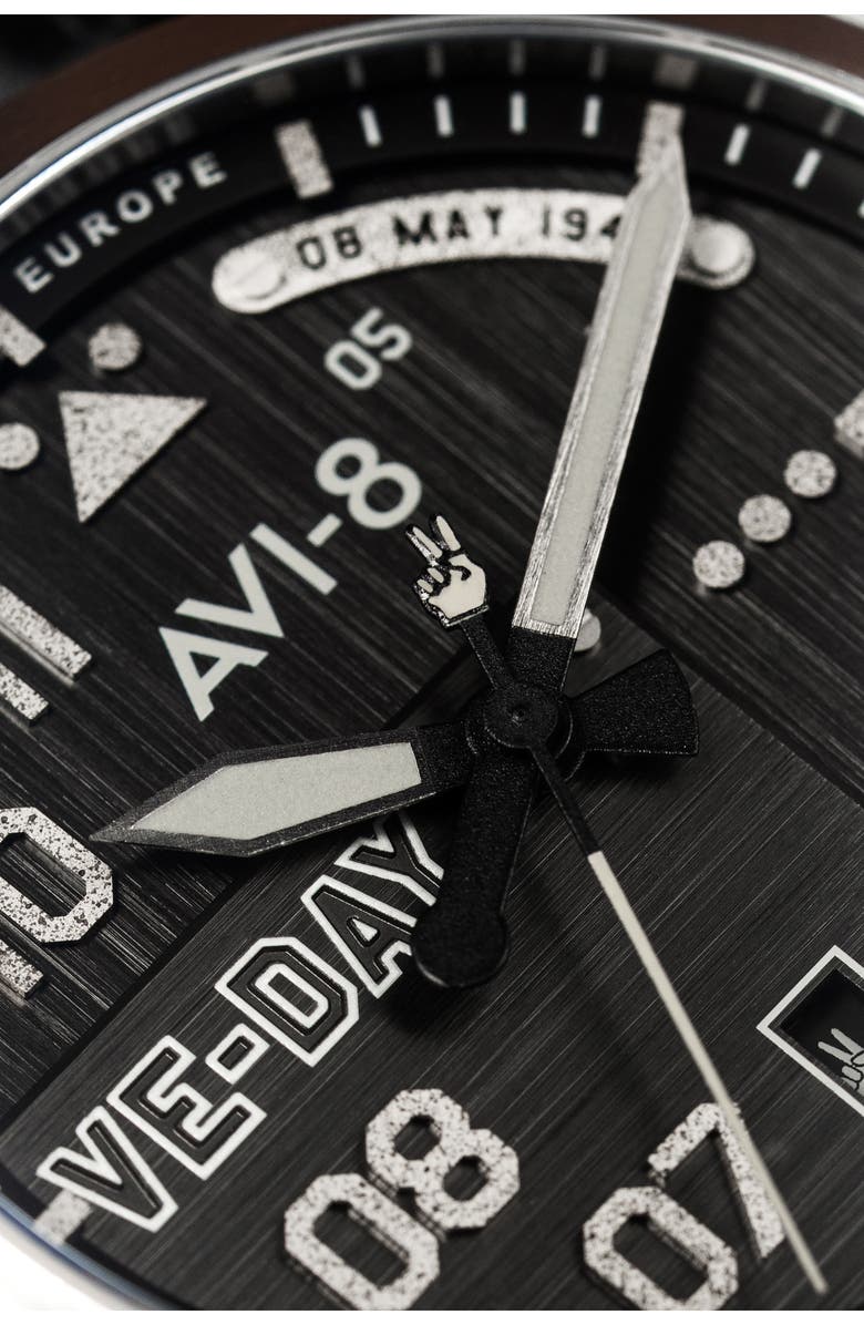 AVI-8 P-51 Mustang Patriot Automatic VE-Day 80th Anniversary Limited Edition Leather Strap Watch, 43mm, Alternate, color, Black