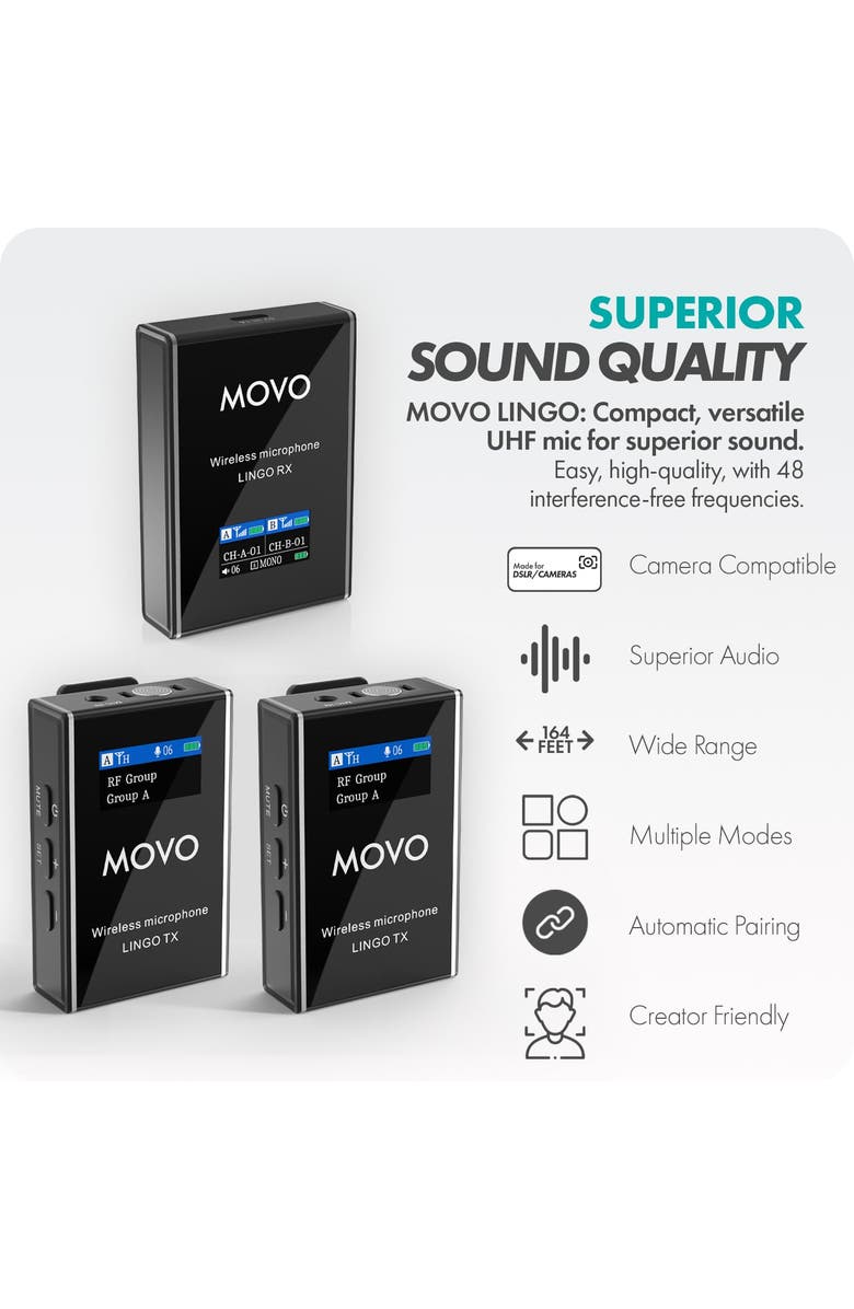 MOVO Lingo-Duo Wireless Lavalier Mic System for DSLR Cameras and Smartphones, Alternate, color, Black
