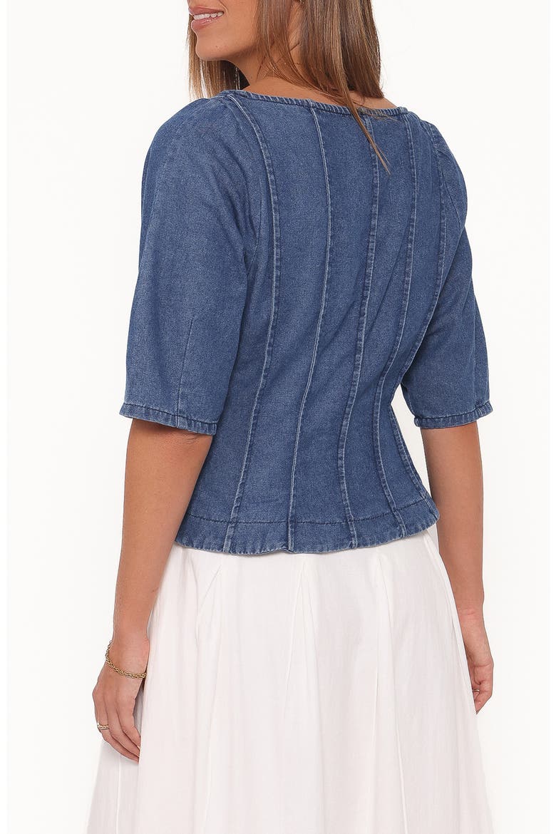 Saylor Puff Sleeve Seamed Peplum Denim Top, Alternate, color, BLUE MEDIUM WASH