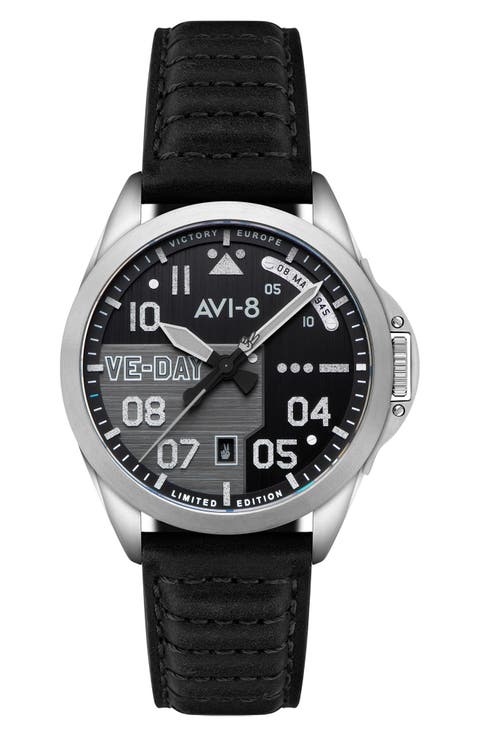 P-51 Mustang Patriot Automatic VE-Day 80th Anniversary Limited Edition Leather Strap Watch, 43mm