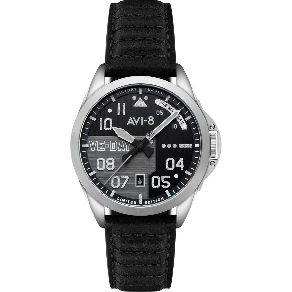 Avi-8 P-51 Mustang Patriot Automatic Ve-day 80th Anniversary Limited Edition Leather Strap Watch, 43 In Black