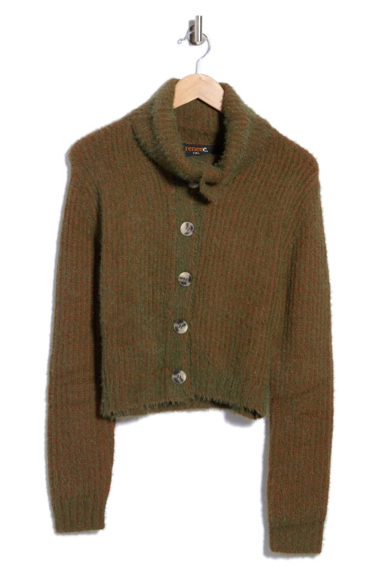 Fuzzy Knit Collared Cardigan, Alternate, color, OLIVE/ RUST