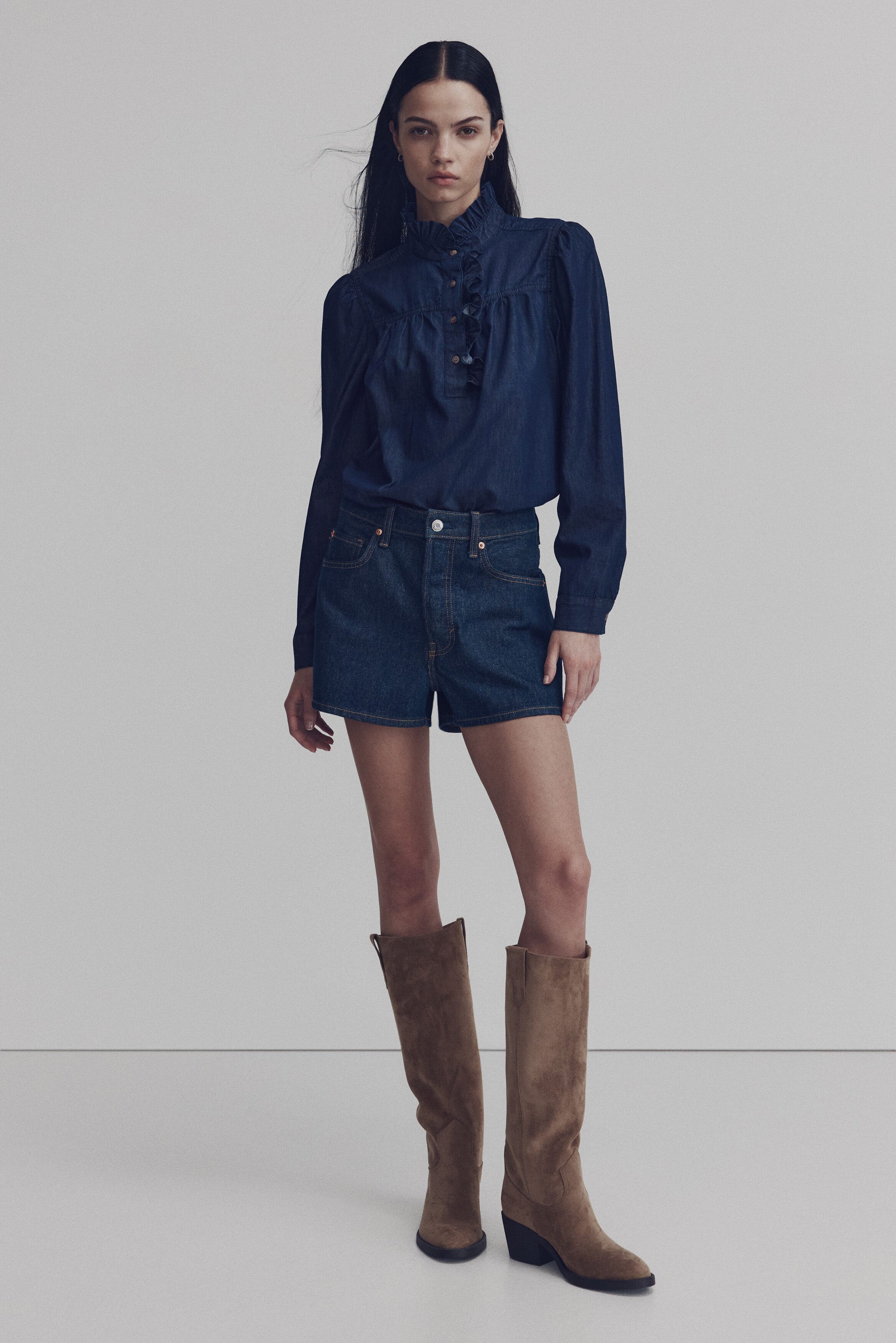 Frill-collared Denim Blouse - image 2