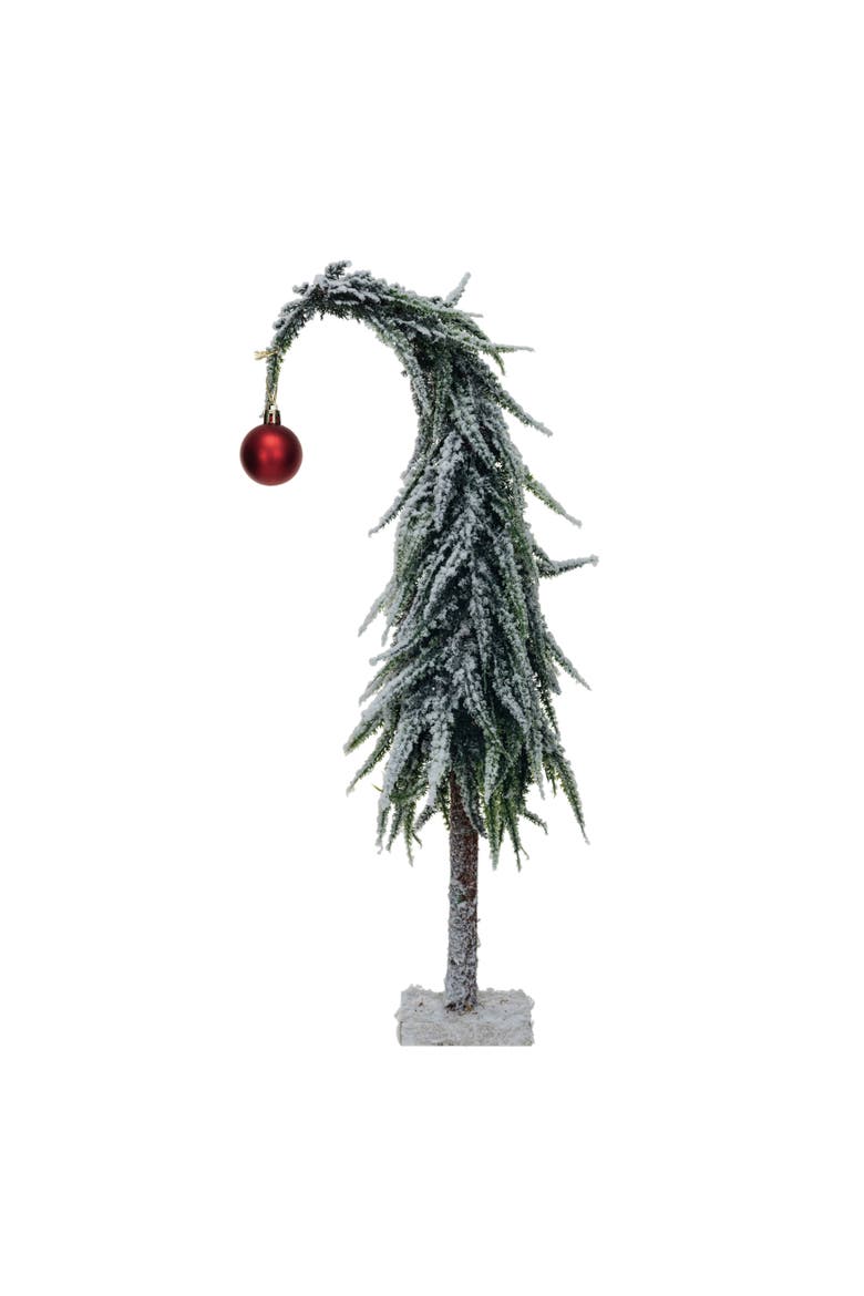Faux Evergreen Tree with Wood Base and Snow Finish, Green and Red, Main, color, Green; Red