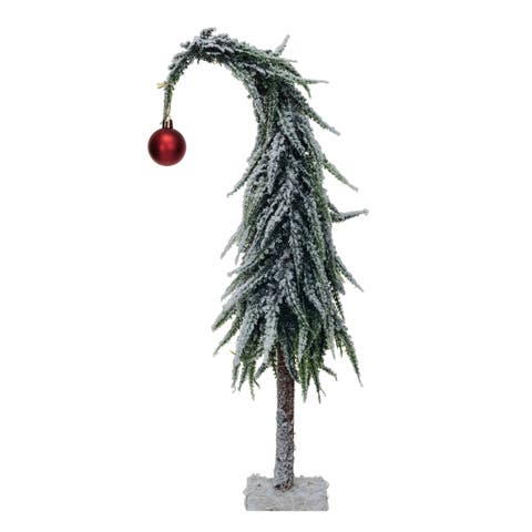 Faux Evergreen Tree with Wood Base and Snow Finish, Green and Red