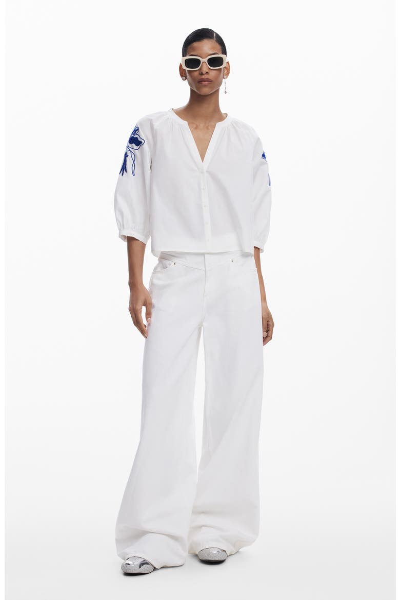 Beaded Puff Sleeve Crop Shirt, Alternate, color, WHITE