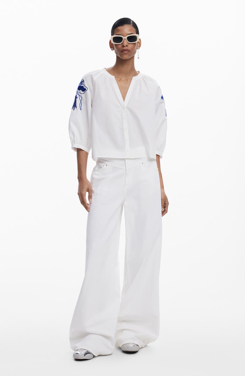 Desigual Beaded Puff Sleeve Crop Shirt, Alternate, color,