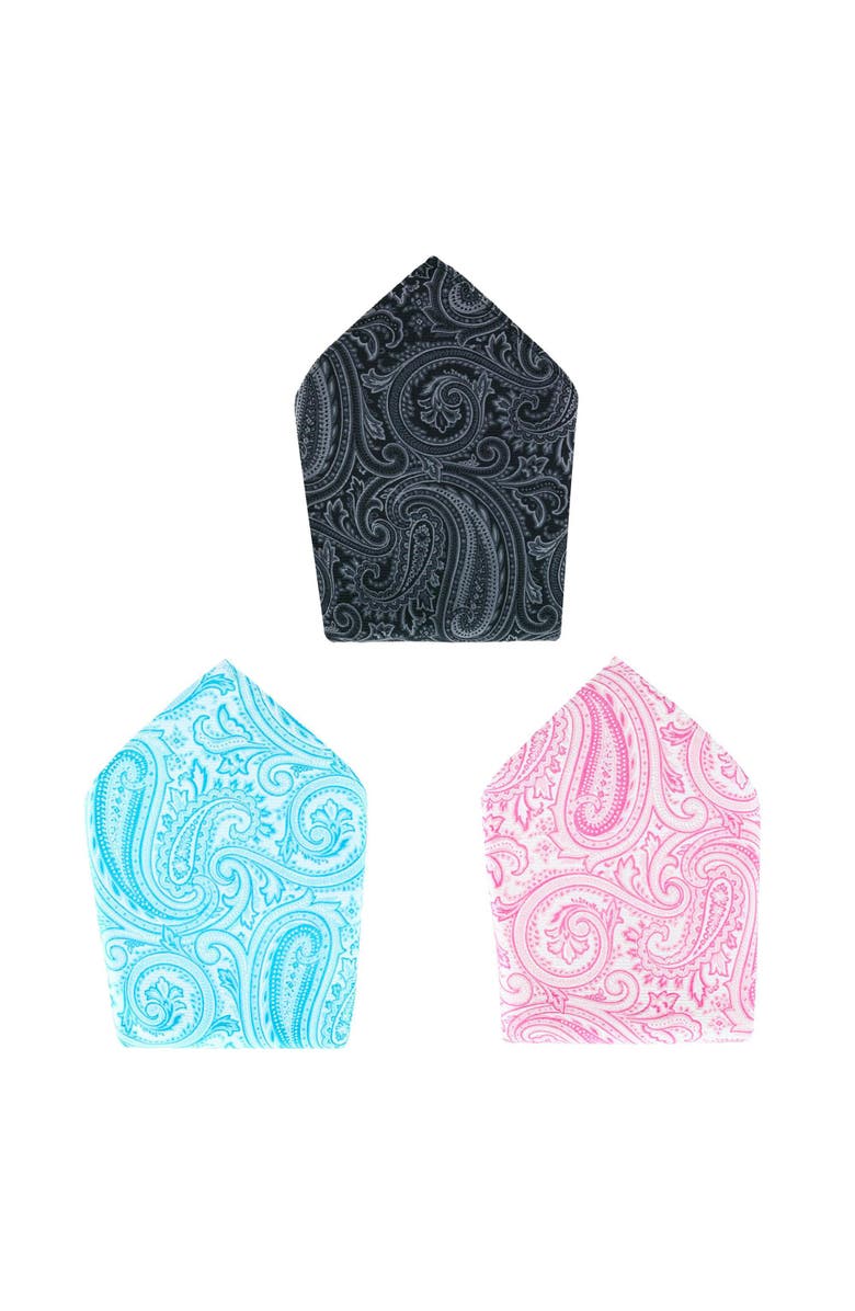 Trafalgar Sobee Collection 12-inch Silk Pocket Square Trio 3 Pack, Main, color, Black, Blue, Pink