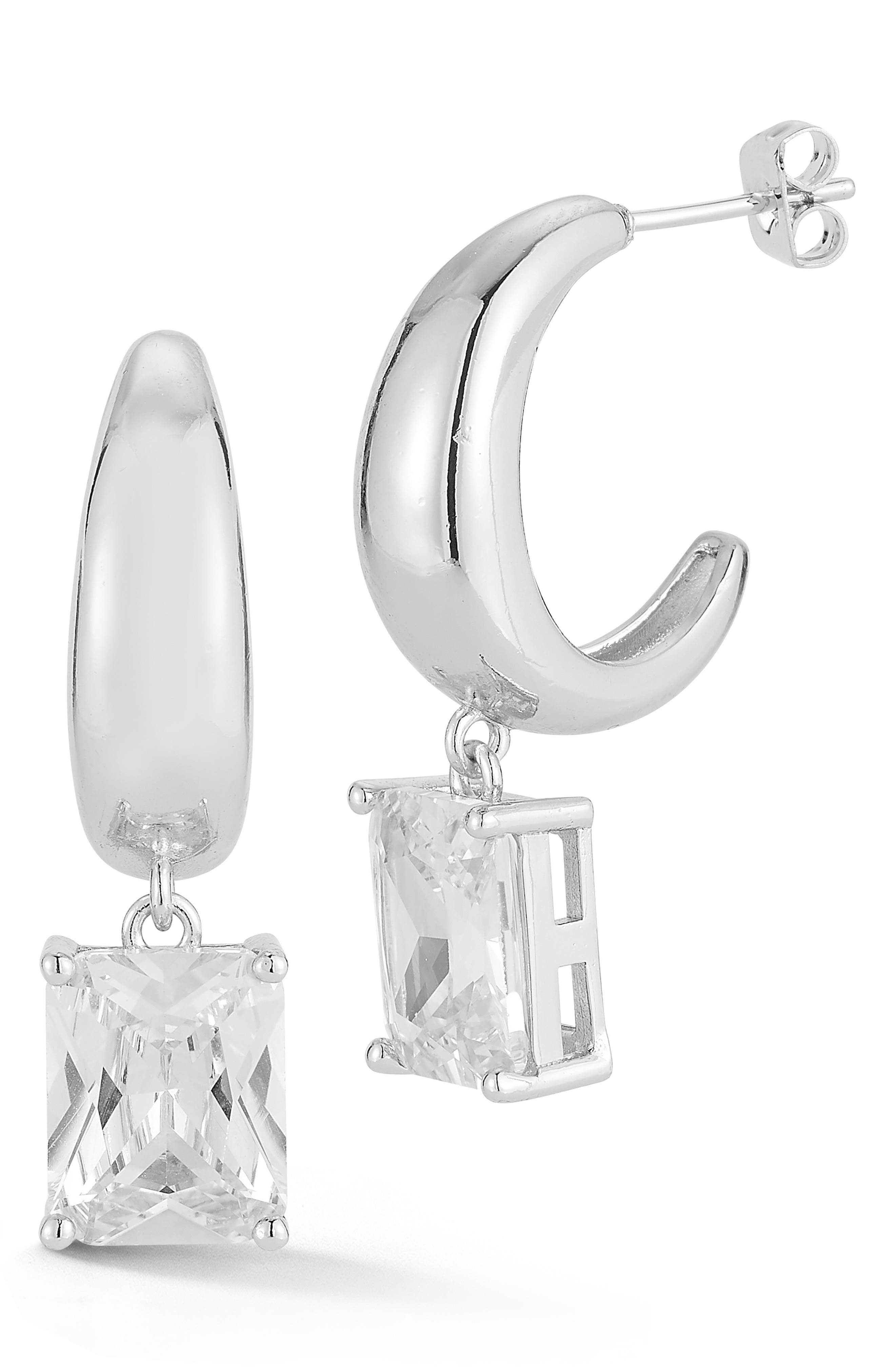 Emerald Cut Cubic Zirconia J-Hoop Charm Earrings