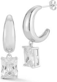 CHLOE AND MADISON Emerald Cut Cubic Zirconia J-Hoop Charm Earrings