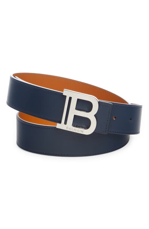 Balmain Logo Buckle Reversible Leather Belt in Sir Navy/Brown