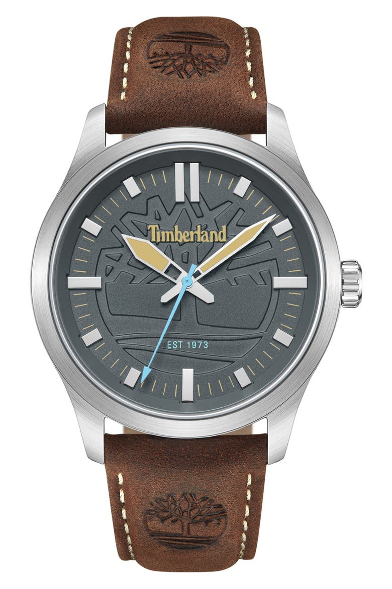 Rambush Leather Strap Watch, 42mm, Main, color, DARK BROWN