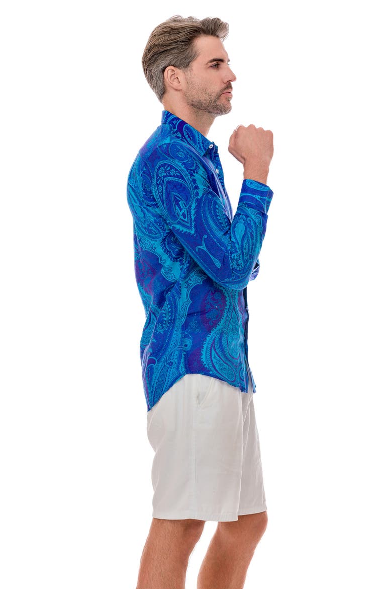 Paisley Linen Blend Button-Up Shirt, Alternate, color, NAVY
