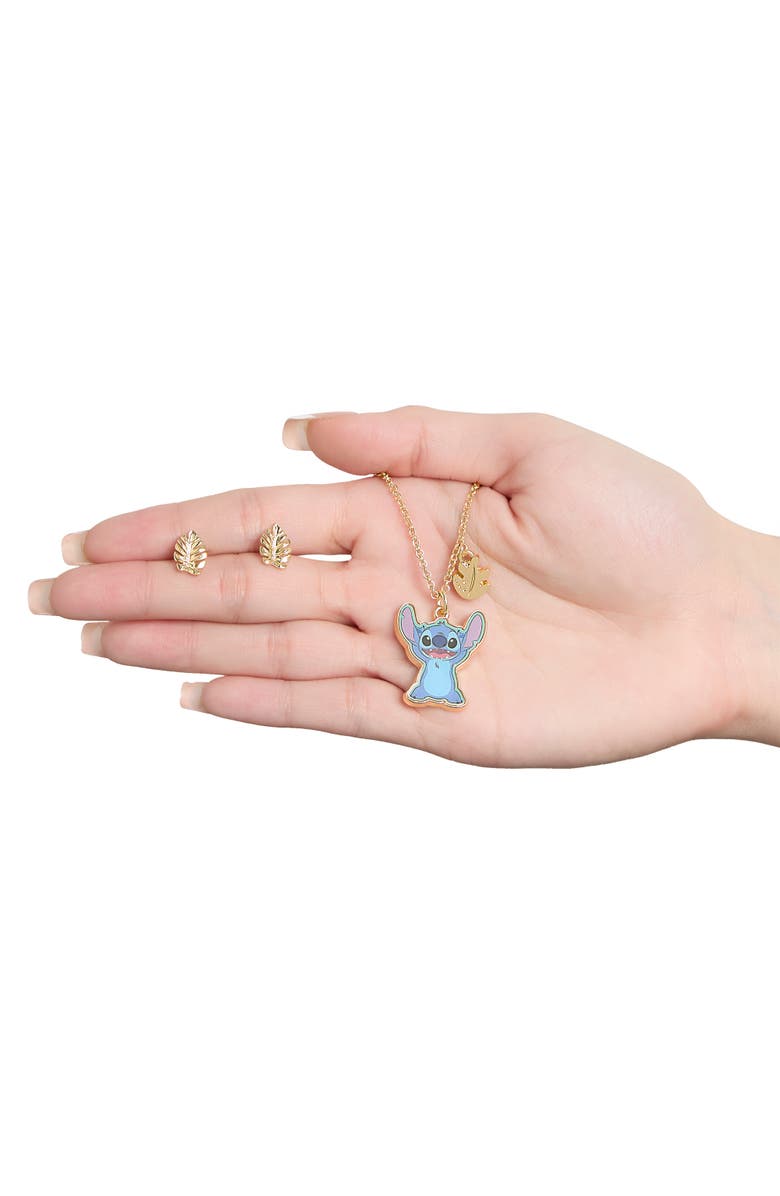 Disney Jewelry Set with Gold-Tone Fashion Necklace and Palm Leaf Stud Earrings, Alternate, color, Blue, Metallic Gold