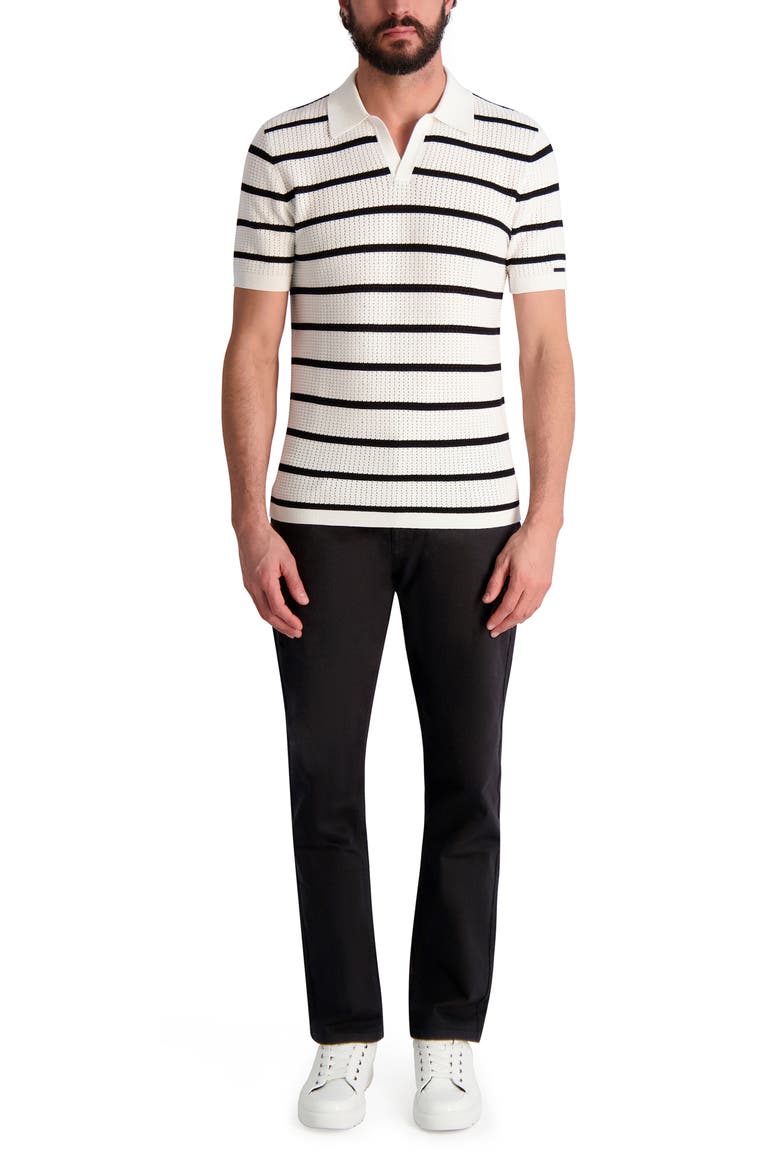 Striped Crochet Johnny Collar Polo, Alternate, color, WHITE/ BLACK