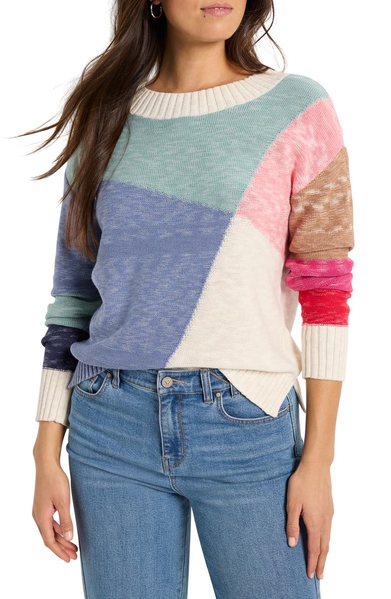 NIC+ZOE Color Crossing Colorblock Cotton Blend Sweater, Main, color, Blue Multi