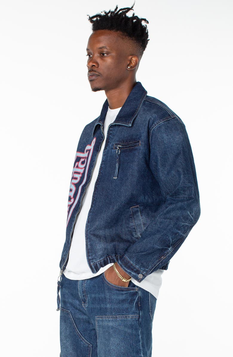 Von Dutch Pagans Collared Bomber Denim Jacket, Alternate, color, Azure Frost