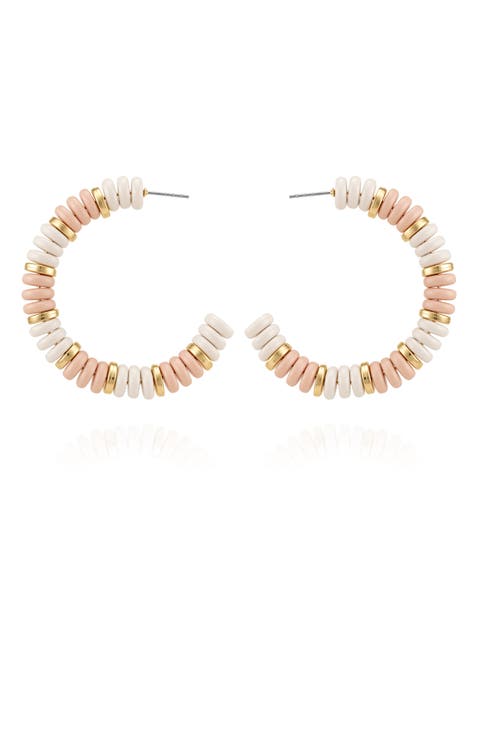 Gold-Tone White & Pink Stone Hoop Earrings