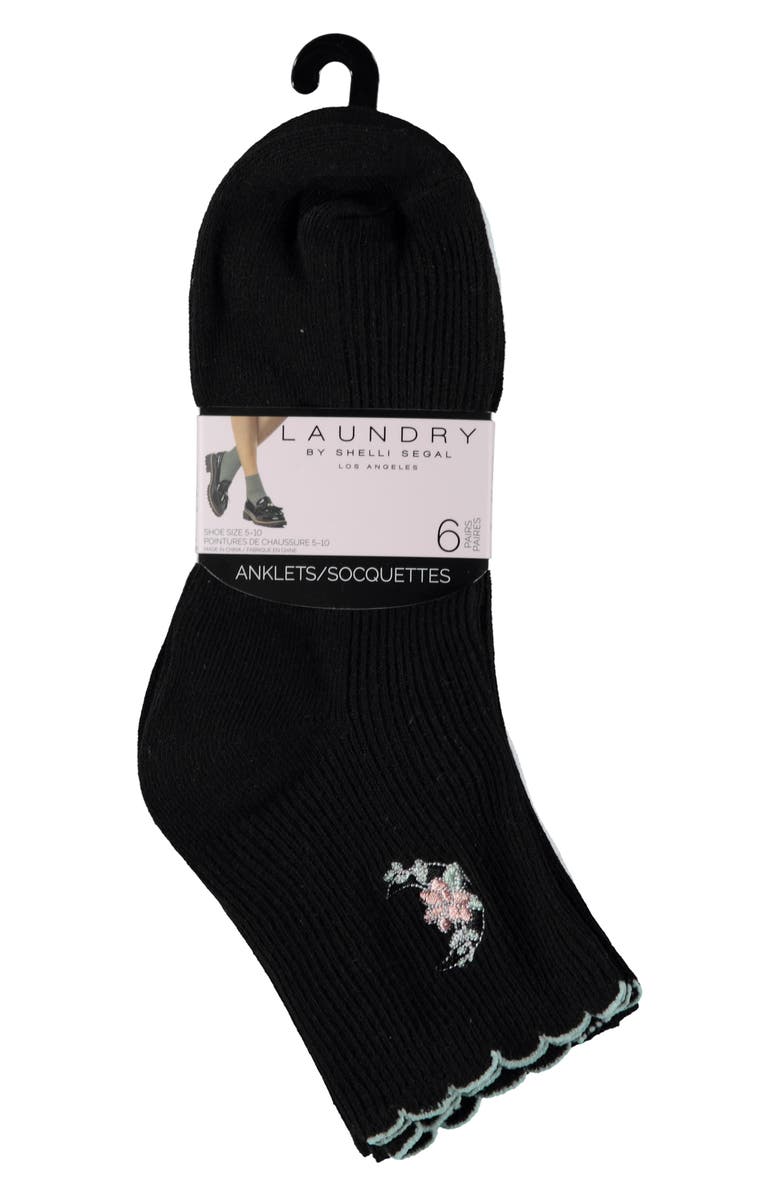 Laundry by Shelli Segal 6-Pack Embroidered Scalloped Edge Anklet Socks, Alternate, color, Black/ White