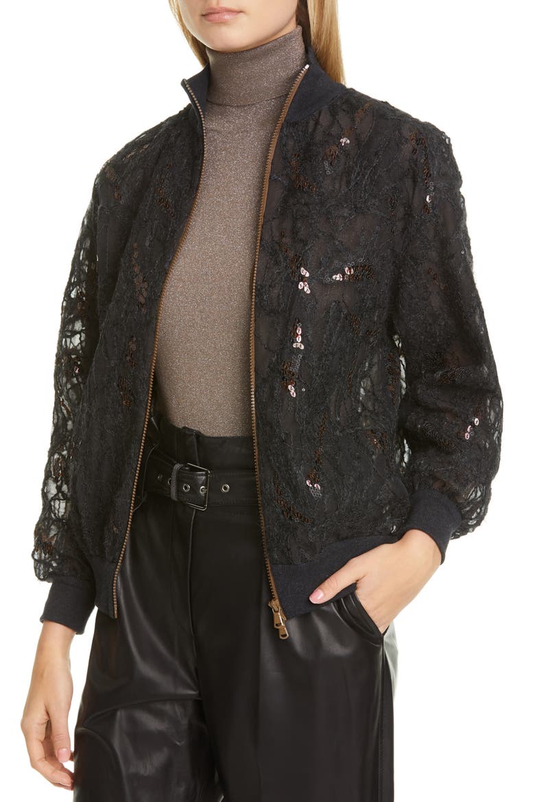 Embellished Silk Tulle Bomber Jacket, Alternate, color, VOLCANO