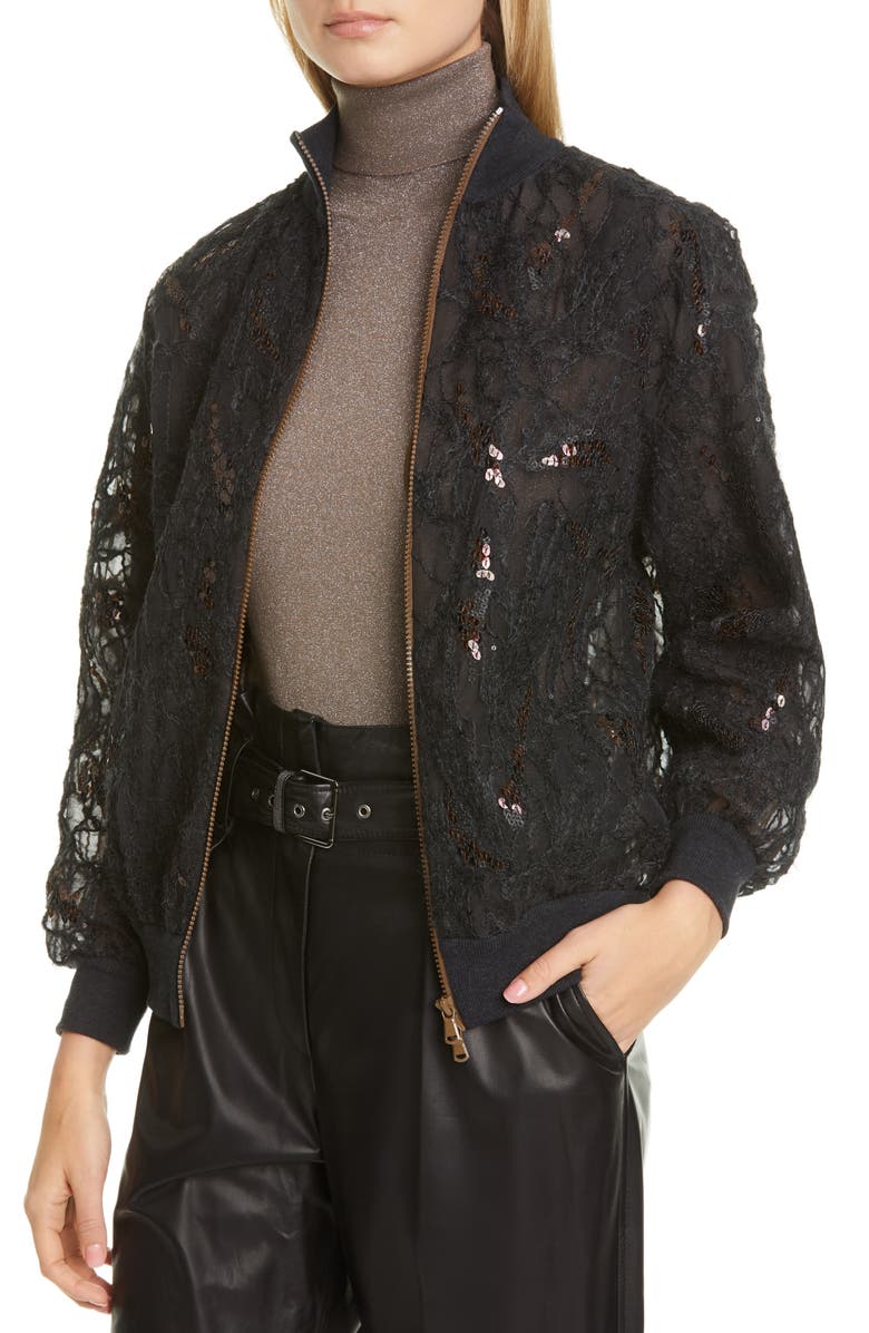 Brunello Cucinelli Embellished Silk Tulle Bomber Jacket, Alternate, color,