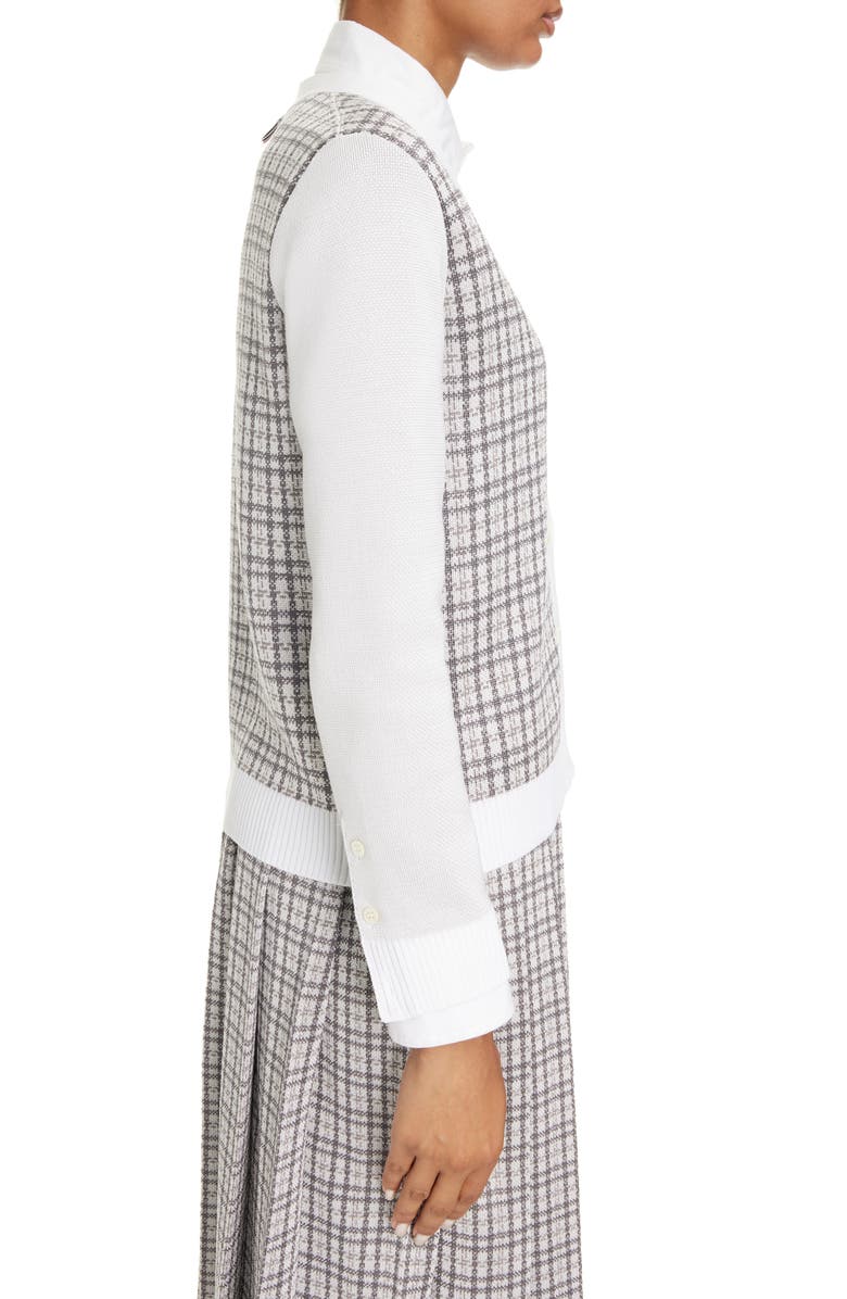 Thom Browne Small Check V-Neck Silk & Cotton Cardigan, Alternate, color, 