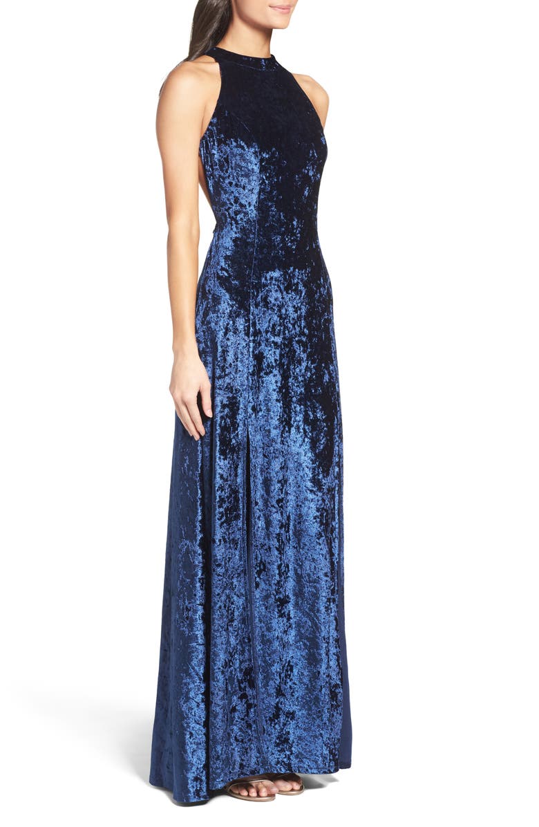 Lulus Strappy Back Crushed Velvet Gown, Alternate, color, 