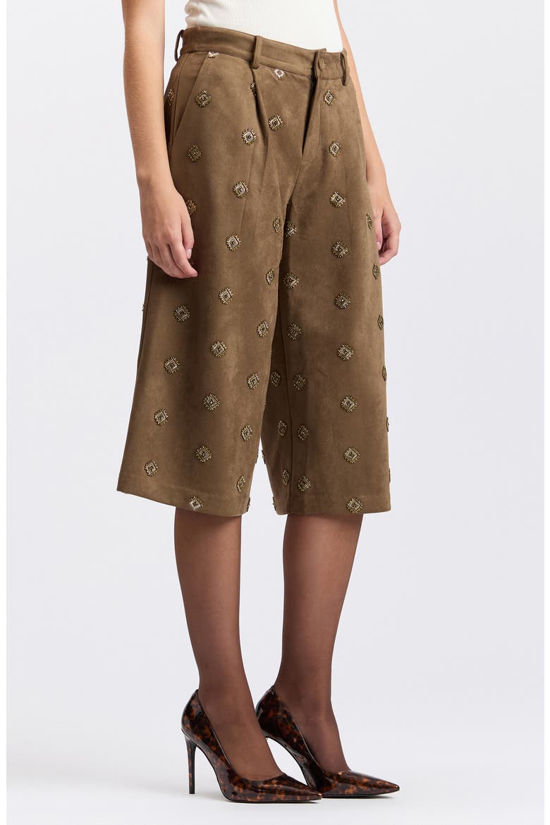 Embellished Faux Suede Wide Leg Culottes, Alternate, color, BROWN JEWELS