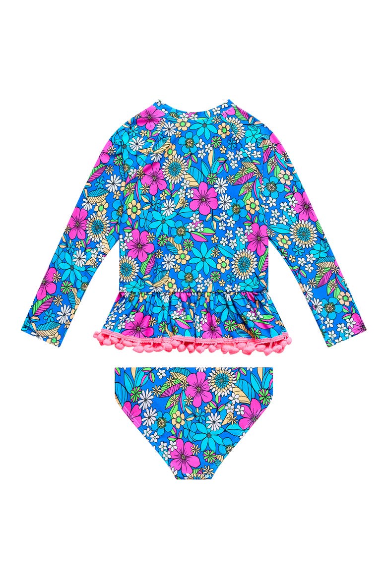 Kids' Pom Trim Floral Long Sleeve Two-Piece Rashguard Swimsuit, Alternate, color, BLUE MULTI