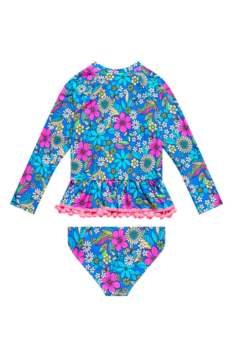 Beach Lingo Kids' Pom Trim Floral Long Sleeve Two-Piece Rashguard Swimsuit, Alternate, color, Blue Multi