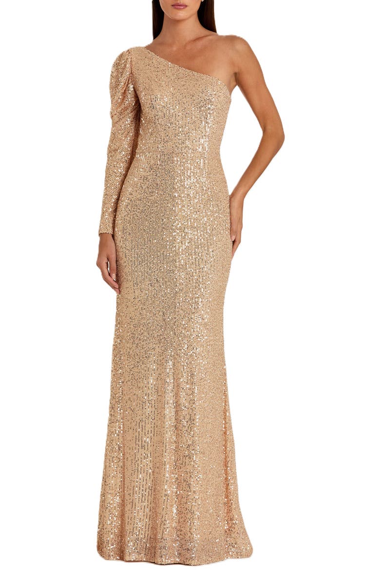 Mac Duggal Sequin Single Puff Long Sleeve One Shoulder Trumpet Gown, Main, color, Rose Gold