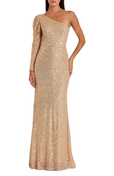 Sequin Single Puff Long Sleeve One Shoulder Trumpet Gown