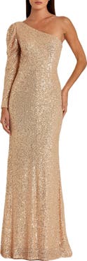 Mac Duggal Sequin Single Puff Long Sleeve One Shoulder Trumpet Gown
