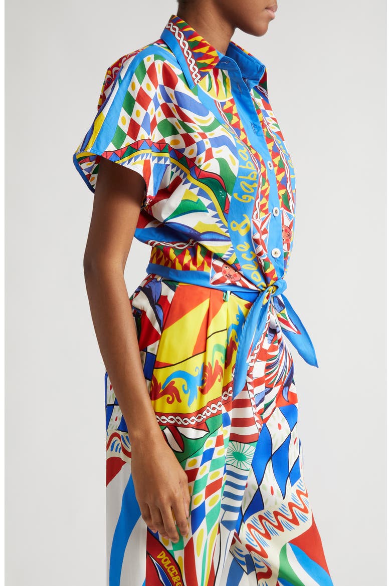Carretto Print Tie Detail Cotton Shirt, Alternate, color, BLUE MULTICOLOR