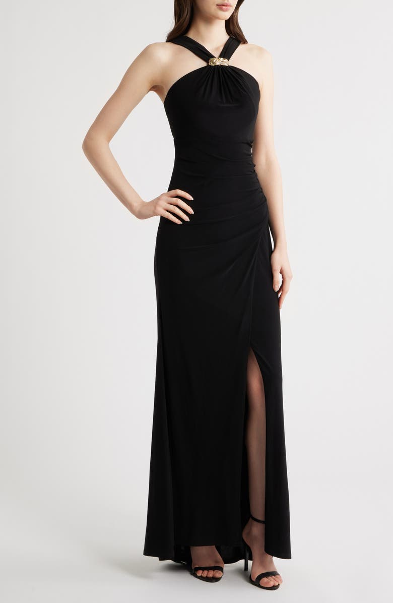 Eliza J Halter Neck Ruched Mermaid Gown, Main, color, Black