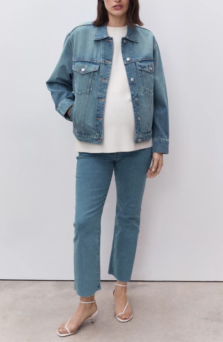 MANGO Over the Bump Raw Hem Crop Flare Maternity Jeans, Alternate, color,