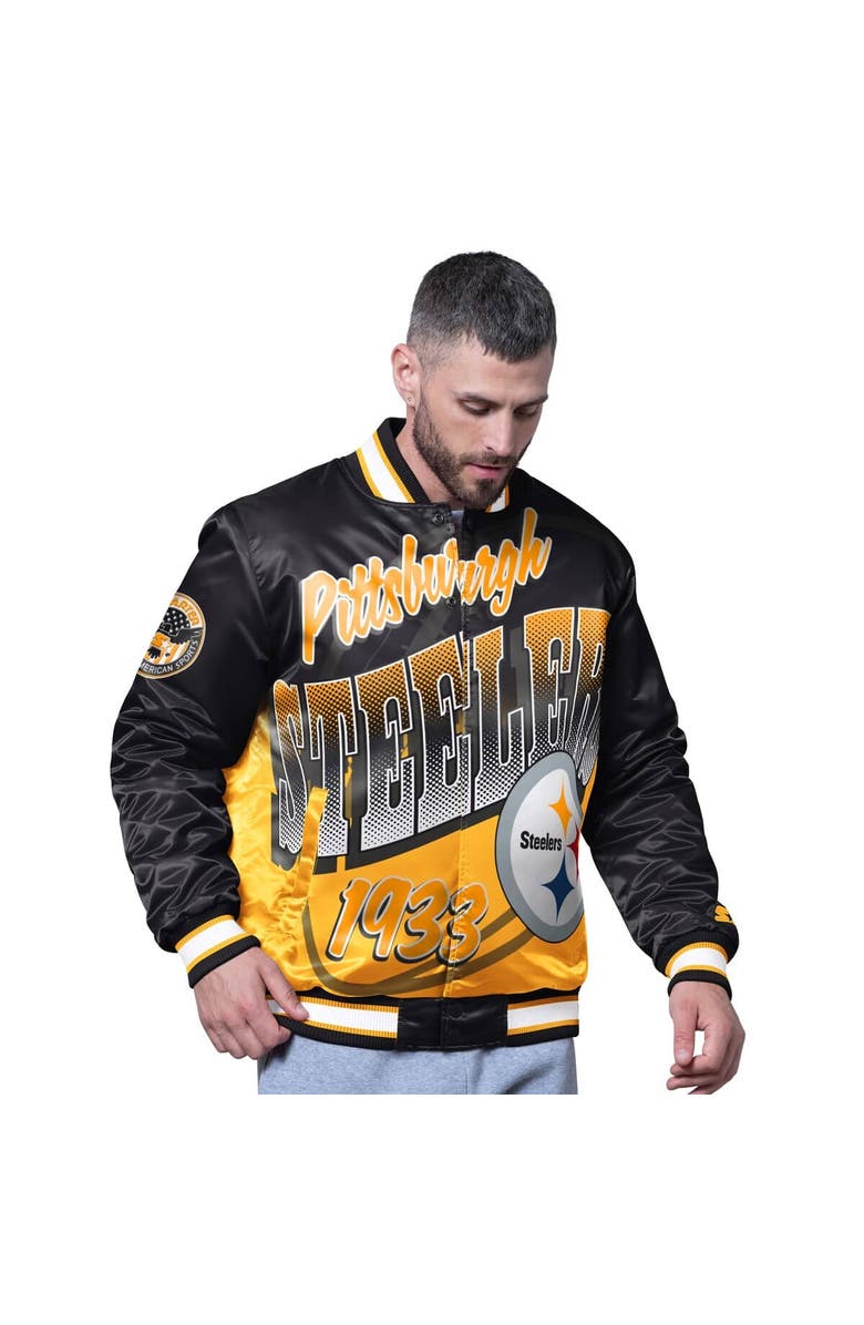 STARTER Men
s Starter Black Pittsburgh Steelers Pass Rush Varsity Full-Snap Jacket, Alternate, color, Black