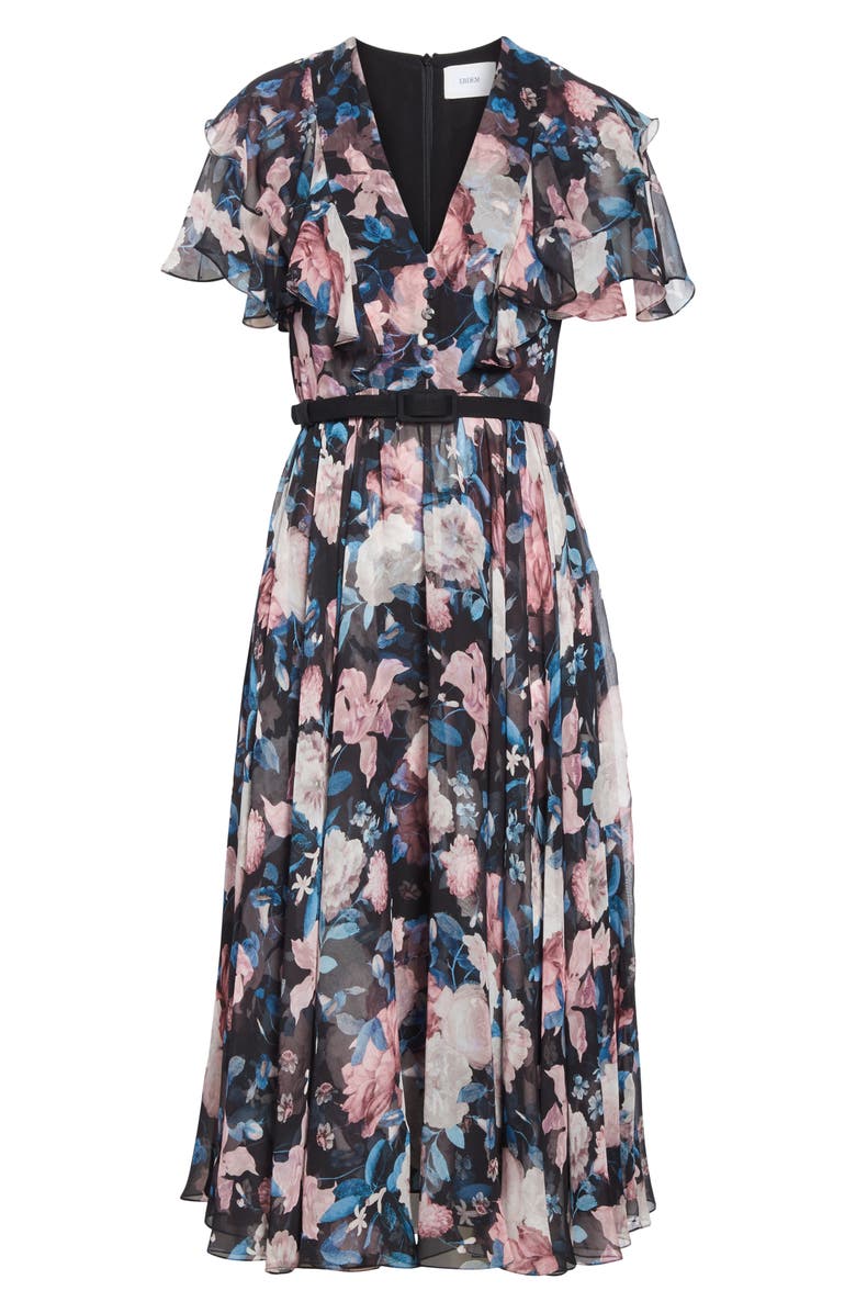 Erdem Floral Ruffle Silk Chiffon Midi Dress, Alternate, color,