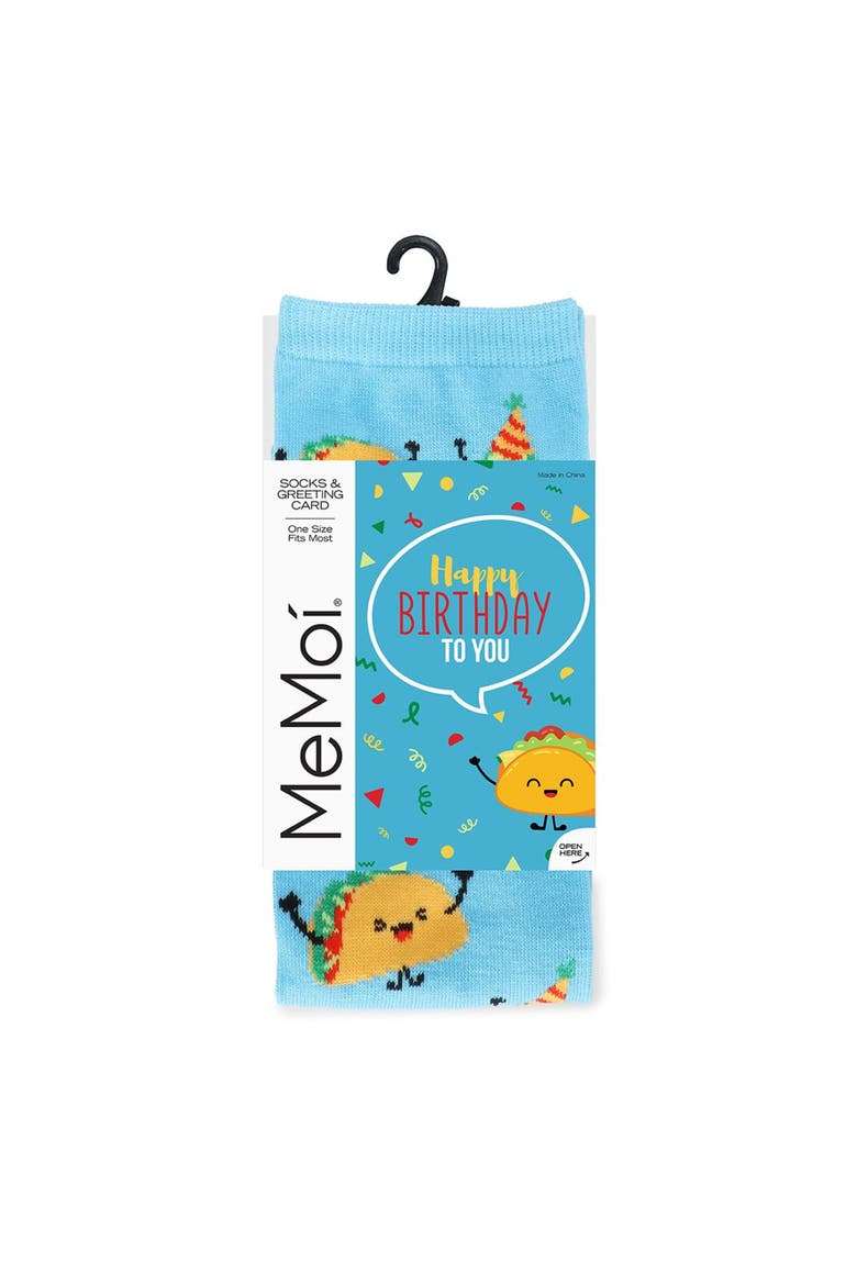 Big Kid's Have a FantasTACO Birthday Greeting Card Crew Socks, Main, color, Blue Grotto